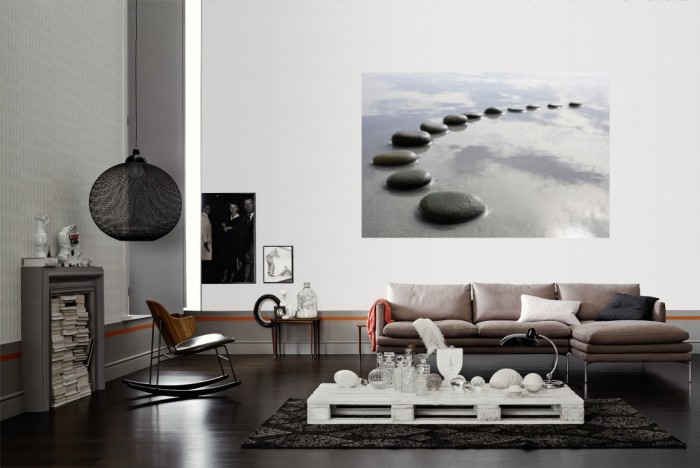 Die Fototapete Wellness, Wellness-Steine im Halbkreis als Wandbild im Wohnzimmer. Die Vlies-Fototapete Wellness, Wellness-Steine im Halbkreis verschönert als Wandbild Deine Wand.