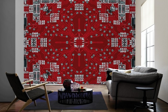 Im Wohnzimmer die Designer-Fototapete Kaleidoskop Electric 2, Artwork by Mylumi auf einer großen Wand tapeziert. Die Designer-Fototapete Kaleidoskop Electric 2, Artwork by Mylumi ist als Vlies-Fototapete im Wohnzimmer leicht zu tapezieren.