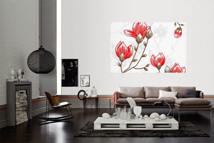 Die Design-Fototapete Magnolien, Artwork als Wandbild im Wohnzimmer. Die Vlies-Design-Fototapete Magnolien, Artwork verschönert als Wandbild Deine Wand.