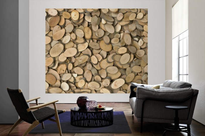 Die Fototapete Holzscheiben von Ästen als große Bildtapete im Wohnzimmer. Als Bildtapete ist die Fototapete Holzscheiben von Ästen ein besonderes Highlight auf Vliestapete.