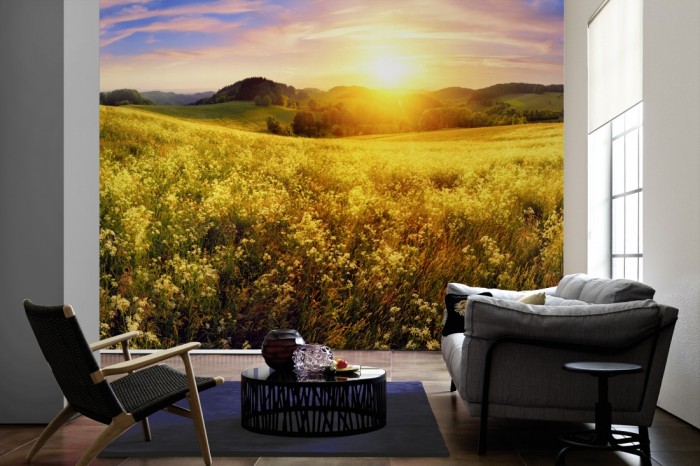 Im Wohnzimmer die Fototapete Natur Panorama im Sonnenuntergang auf einer großen Wand tapeziert. Die Fototapete Natur Panorama im Sonnenuntergang ist als Vlies-Fototapete im Wohnzimmer leicht zu tapezieren.