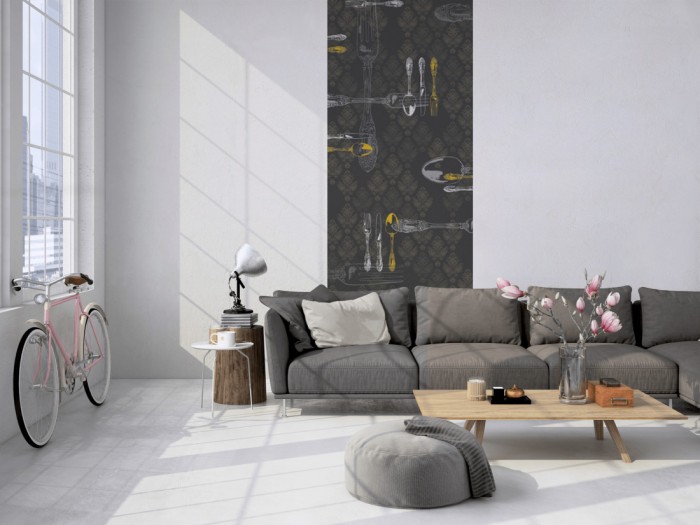 Das Design-Fotopanel Besteck in Grau, Artwork tapeziert in einem Loft. Bestelle die Bildtapete für Deine Wand online.