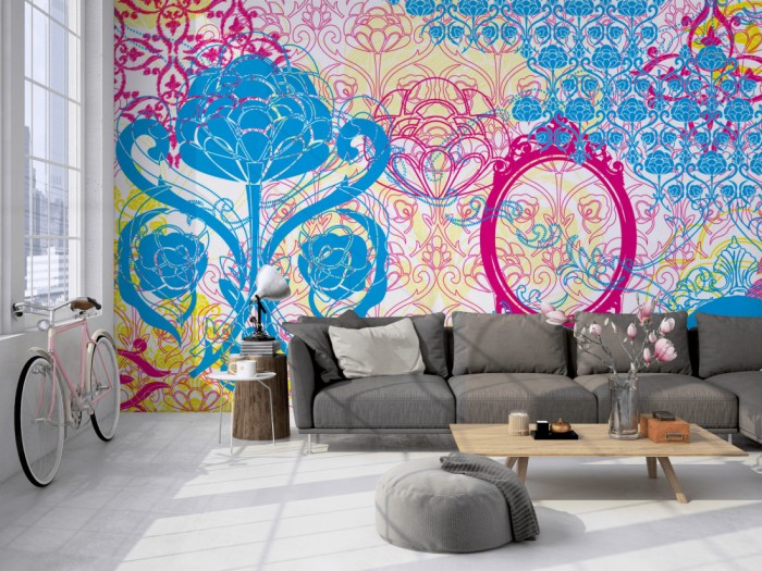 Die Designer-Fototapete Chamäleon-Effekt Barock auf einer großen Wand im Loft tapeziert. Die Designer-Fototapete Chamäleon-Effekt Barock wird individuell auf Deine Wand angepasst.