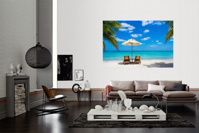 Die Fototapete Strandurlaub unter Palmen in Mexico als Wandbild im Wohnzimmer. Die Vlies-Fototapete Strandurlaub unter Palmen in Mexico verschönert als Wandbild Deine Wand.