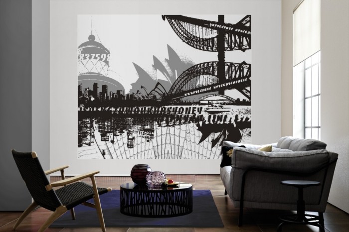 Die Design-Fototapete Sydney Australien, Artwork als große Bildtapete im Wohnzimmer. Als Bildtapete ist die Design-Fototapete Sydney Australien, Artwork ein besonderes Highlight auf Vliestapete.