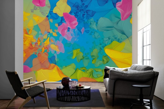 Im Wohnzimmer die Design-Fototapete 3D-Geometrie plastische Formen auf einer großen Wand tapeziert. Die Design-Fototapete 3D-Geometrie plastische Formen ist als Vlies-Fototapete im Wohnzimmer leicht zu tapezieren.