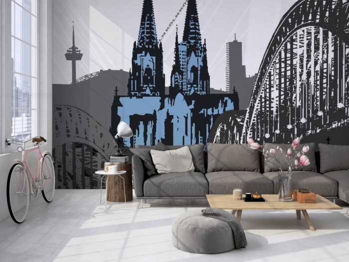 Die Design-Fototapete Köln Deutschland, Artwork auf einer großen Wand im Loft tapeziert. Die Design-Fototapete Köln Deutschland, Artwork wird individuell auf Deine Wand angepasst.
