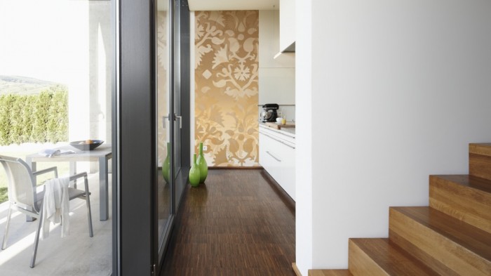 Ein Foto von dem Design-Fotopanel Moderne Ornamente Beige, Artwork tapeziert in der Küche. Bestelle Deine Bildtapete online.