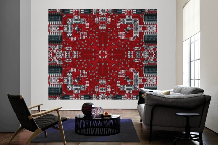 Die Designer-Fototapete Kaleidoskop Electric 2, Artwork by Mylumi als große Bildtapete im Wohnzimmer. Als Bildtapete ist die Designer-Fototapete Kaleidoskop Electric 2, Artwork by Mylumi ein besonderes Highlight auf Vliestapete.