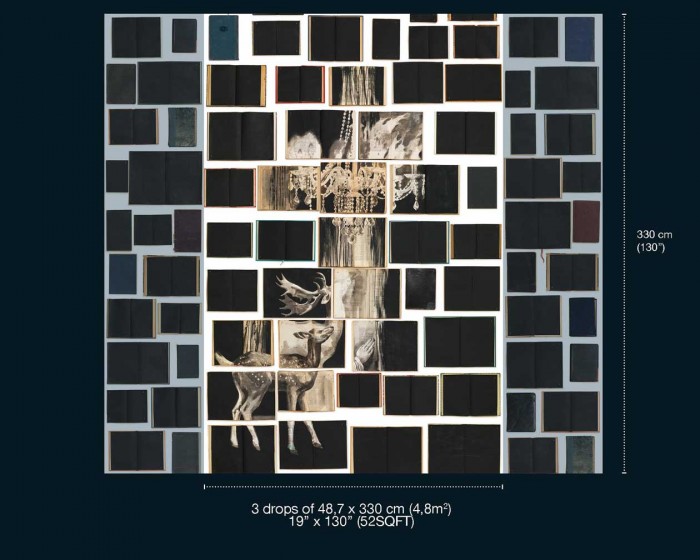 Abmessungen der NLXL Tapete EKA-05 Biblioteca von Ekaterina Panikanova, rechts und links ergänzt durch die passende Tapete EKA-06.