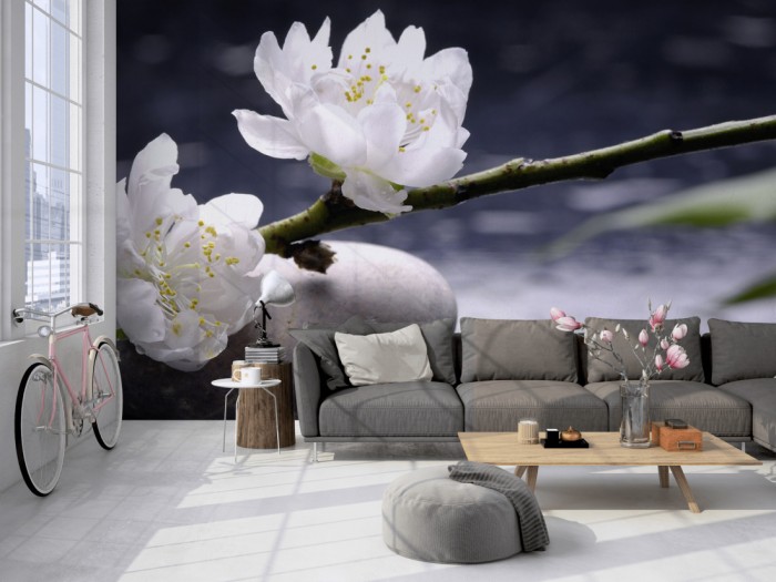 Die Fototapete Wellness, Wellness-Steine mit Kirschblüte auf einer großen Wand im Loft tapeziert. Die Fototapete Wellness, Wellness-Steine mit Kirschblüte wird individuell auf Deine Wand angepasst.