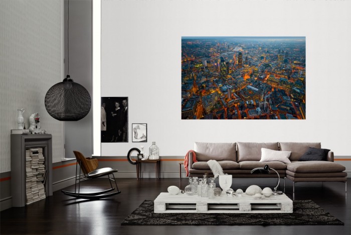 Die Fototapete London von oben, Grafik-Design als Wandbild im Wohnzimmer. Die Vlies-Fototapete London von oben, Grafik-Design verschönert als Wandbild Deine Wand.