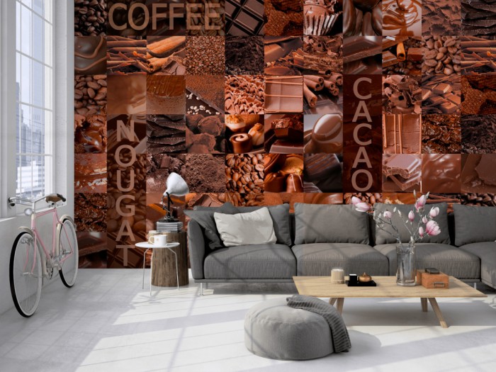 Die Fototapete Kaffee und Schokolade auf einer großen Wand im Loft tapeziert. Die Fototapete Kaffee und Schokolade wird individuell auf Deine Wand angepasst.