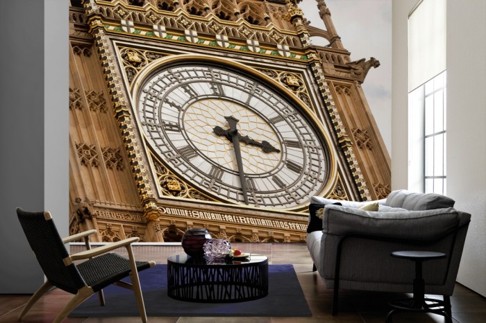 Im Wohnzimmer die Fototapete Big Ben, England London auf einer großen Wand tapeziert. Die Fototapete Big Ben, England London ist als Vlies-Fototapete im Wohnzimmer leicht zu tapezieren.
