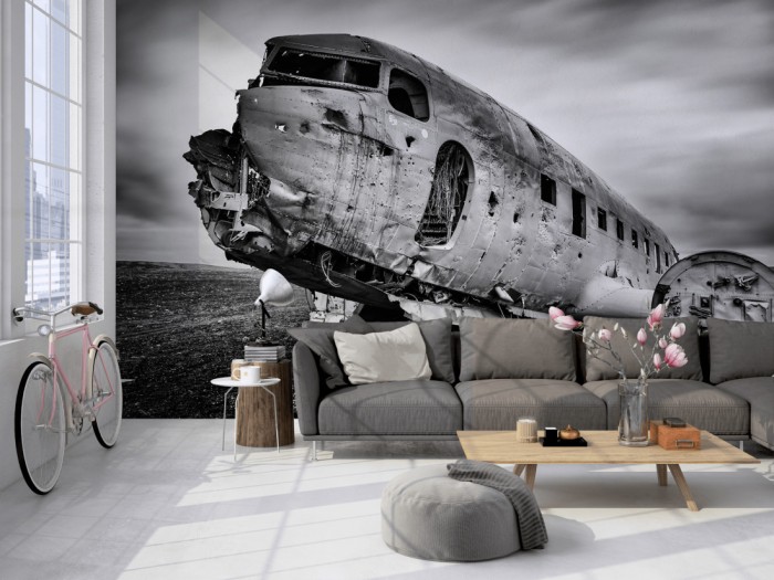 Die Fototapete Flugzeug Ruine, schwarz-weiß auf einer großen Wand im Loft tapeziert. Die Fototapete Flugzeug Ruine, schwarz-weiß wird individuell auf Deine Wand angepasst.