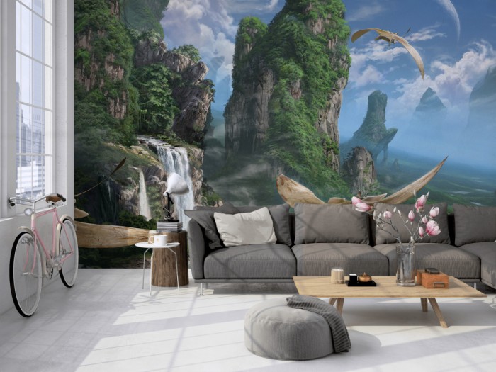 Die Fototapete Fantasy, Landschaft mit Flugsauriern auf einer großen Wand im Loft tapeziert. Die Fototapete Fantasy, Landschaft mit Flugsauriern wird individuell auf Deine Wand angepasst.