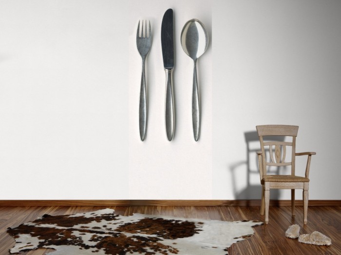 Ein Foto von dem 3D-Fotopanel Besteck aus Silber, Essen tapeziert an der Wand. Bestelle Deine Bildtapete online.