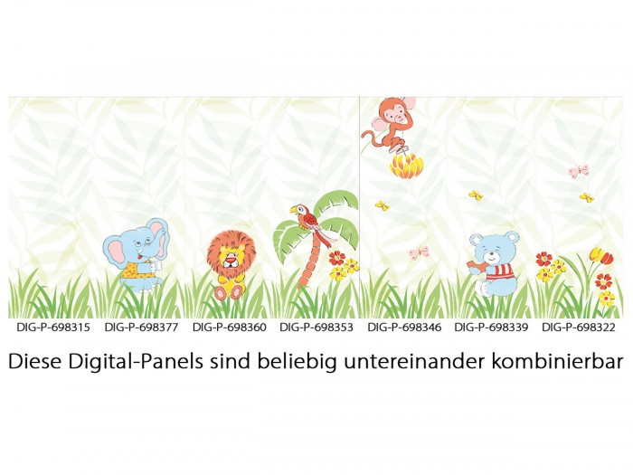 Das Design-Wandbild Kindertapete Dschungelfieber, Tiere einfach online bestellen. Das gesamte Wandbild Dschungelfieber besteht aus sieben unterschiedlichen Design-Fotopanels.