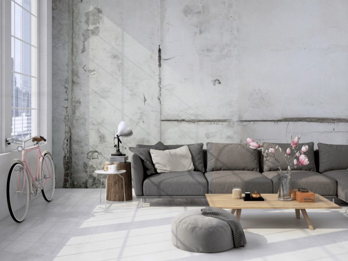 Die Fototapete Beton Wand, gestrichener Beton auf einer großen Wand im Loft tapeziert. Die Fototapete Beton Wand, gestrichener Beton wird individuell auf Deine Wand angepasst.