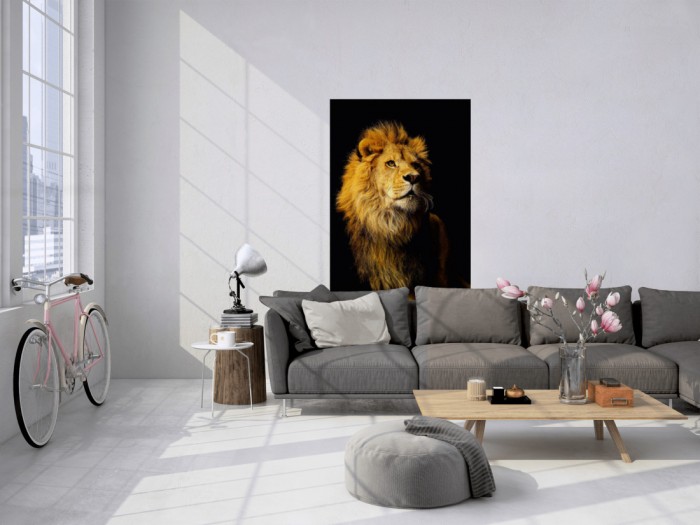 Das 3D-Fotopanel Löwe mit schwarzem Hintergrund tapeziert in einem Loft. Bestelle die Bildtapete für Deine Wand online.