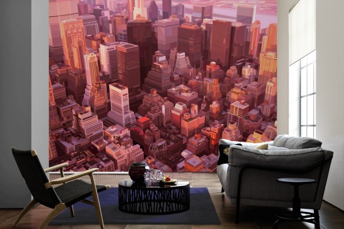 Im Wohnzimmer die Fototapete New York von oben, Grafik-Design auf einer großen Wand tapeziert. Die Fototapete New York von oben, Grafik-Design ist als Vlies-Fototapete im Wohnzimmer leicht zu tapezieren.