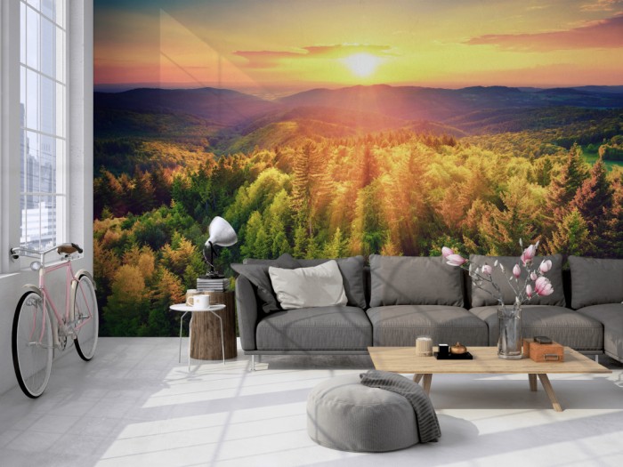 Die Fototapete Sonnenuntergang über dem Wald auf einer großen Wand im Loft tapeziert. Die Fototapete Sonnenuntergang über dem Wald wird individuell auf Deine Wand angepasst.