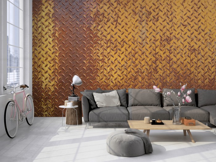 Die Fototapete Rost Wand, altes Riffelblech auf einer großen Wand im Loft tapeziert. Die Fototapete Rost Wand, altes Riffelblech wird individuell auf Deine Wand angepasst.