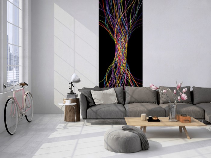 Das 3D-Design-Fotopanel Gebundene Linen auf Schwarz, Artwork tapeziert in einem Loft. Bestelle die Bildtapete für Deine Wand online.