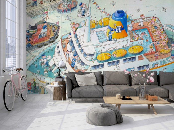 Die Fototapete Schiff im Hafen, Wimmelbild für Kinder auf einer großen Wand im Loft tapeziert. Die Fototapete Schiff im Hafen, Wimmelbild für Kinder wird individuell auf Deine Wand angepasst.