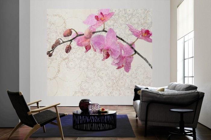 Die Design-Fototapete Orchidee, Artwork als große Bildtapete im Wohnzimmer. Als Bildtapete ist die Design-Fototapete Orchidee, Artwork ein besonderes Highlight auf Vliestapete.