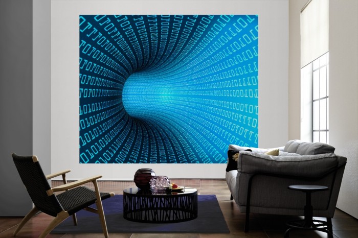 Die Design-Fototapete Digital Tunnel als große Bildtapete im Wohnzimmer. Als Bildtapete ist die Design-Fototapete Digital Tunnel ein besonderes Highlight auf Vliestapete.
