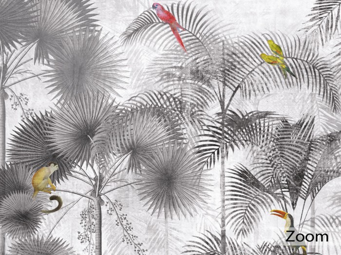 Detailansicht der grauen Dschungeltapete Animal Palms Wallpaper