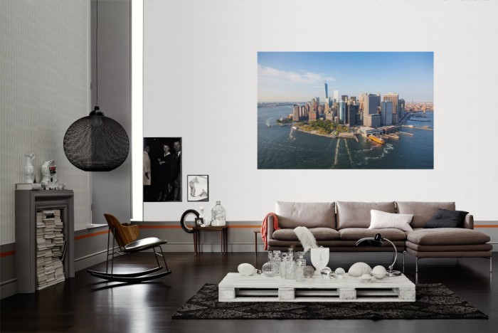 Die Fototapete Manhattan, New York, Financial District als Wandbild im Wohnzimmer. Die Vlies-Fototapete Manhattan, New York, Financial District verschönert als Wandbild Deine Wand.