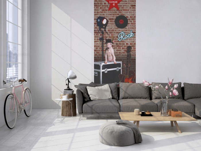 Das 3D-Fotopanel Rock 'n Dog vor der Steinwand tapeziert in einem Loft. Bestelle die Bildtapete für Deine Wand online.