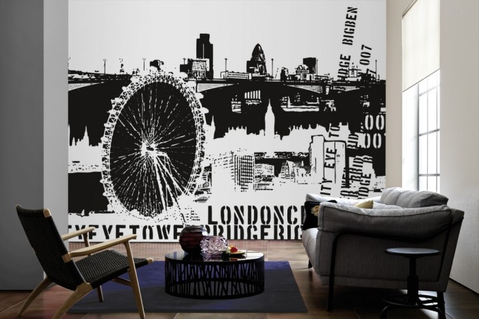 Im Wohnzimmer die Design-Fototapete London England, Artwork auf einer großen Wand tapeziert. Die Design-Fototapete London England, Artwork ist als Vlies-Fototapete im Wohnzimmer leicht zu tapezieren.