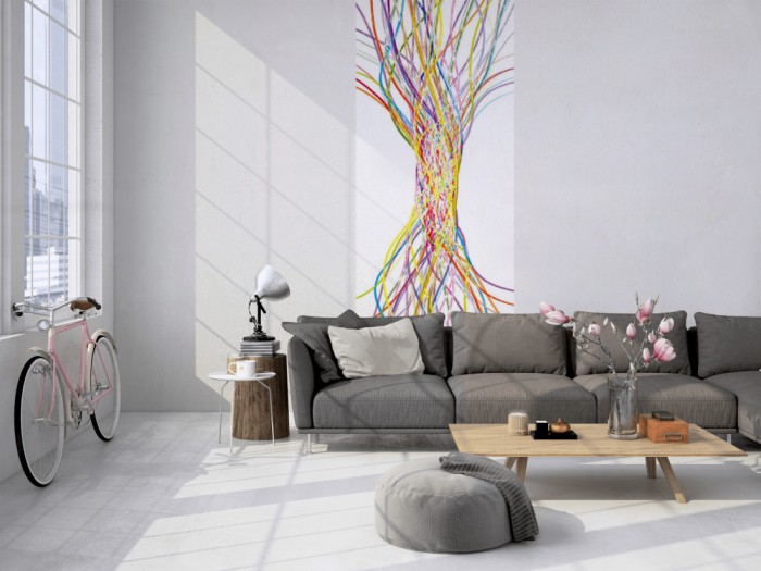 Das 3D-Design-Fotopanel Gebundene Linen auf Weiß, Artwork tapeziert in einem Loft. Bestelle die Bildtapete für Deine Wand online.