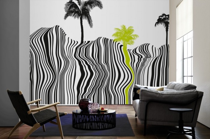 Im Wohnzimmer die Design-Fototapete Palmen Strand als Barcode auf einer großen Wand tapeziert. Die Design-Fototapete Palmen Strand als Barcode ist als Vlies-Fototapete im Wohnzimmer leicht zu tapezieren.