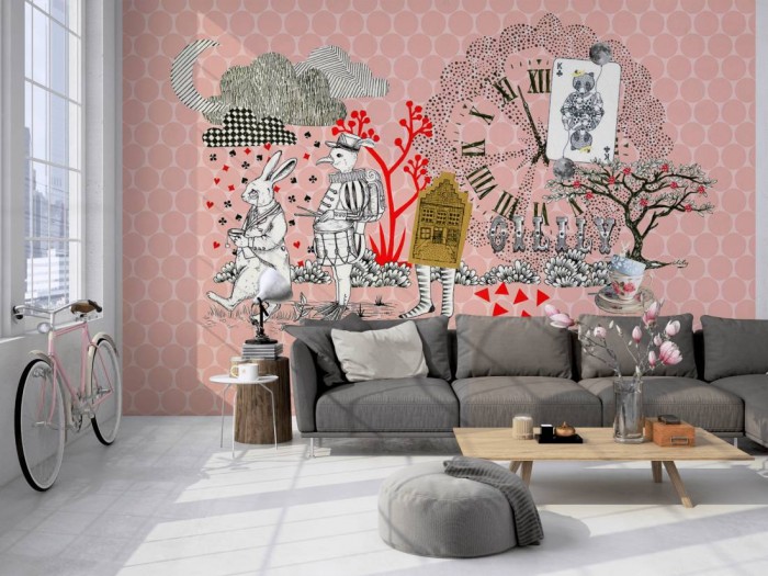 Die Fototapete Alice im Wunderland, Oilily Kids auf einer großen Wand im Loft tapeziert. Die Fototapete Alice im Wunderland, Oilily Kids wird individuell auf Deine Wand angepasst.