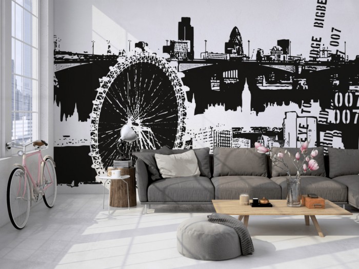 Die Design-Fototapete London England, Artwork auf einer großen Wand im Loft tapeziert. Die Design-Fototapete London England, Artwork wird individuell auf Deine Wand angepasst.