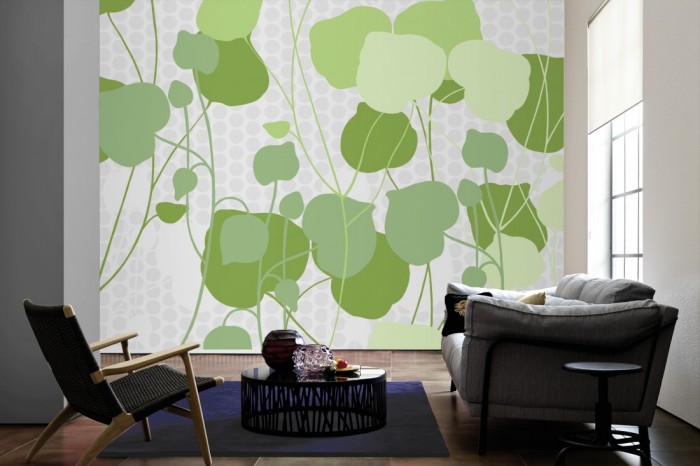 Im Wohnzimmer die Design-Fototapete Blätter Ranken, Artwork auf einer großen Wand tapeziert. Die Design-Fototapete Blätter Ranken, Artwork ist als Vlies-Fototapete im Wohnzimmer leicht zu tapezieren.