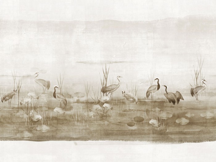 Ansicht der beigen Kranichtapete Pond of Crane Wallpaper
