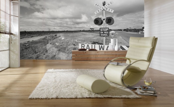 3D-Fototapete Bahnübergang, schwarz-weiß