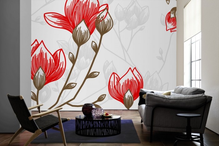 Im Wohnzimmer die Design-Fototapete Magnolien, Artwork auf einer großen Wand tapeziert. Die Design-Fototapete Magnolien, Artwork ist als Vlies-Fototapete im Wohnzimmer leicht zu tapezieren.