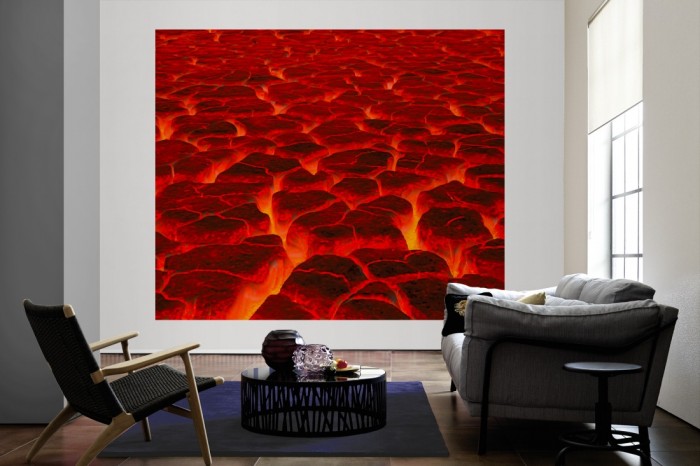 Die Fototapete Magma im Vulkan als große Bildtapete im Wohnzimmer. Als Bildtapete ist die Fototapete Magma im Vulkan ein besonderes Highlight auf Vliestapete.