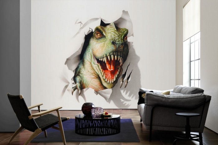 Im Wohnzimmer die Fototapete T-Rex, Dinosaurier auf einer großen Wand tapeziert. Die Fototapete T-Rex, Dinosaurier ist als Vlies-Fototapete im Wohnzimmer leicht zu tapezieren.