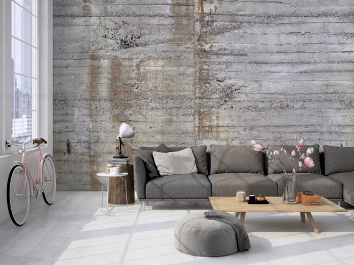 Die Fototapete Beton Wand, alte Fabrik auf einer großen Wand im Loft tapeziert. Die Fototapete Beton Wand, alte Fabrik wird individuell auf Deine Wand angepasst.