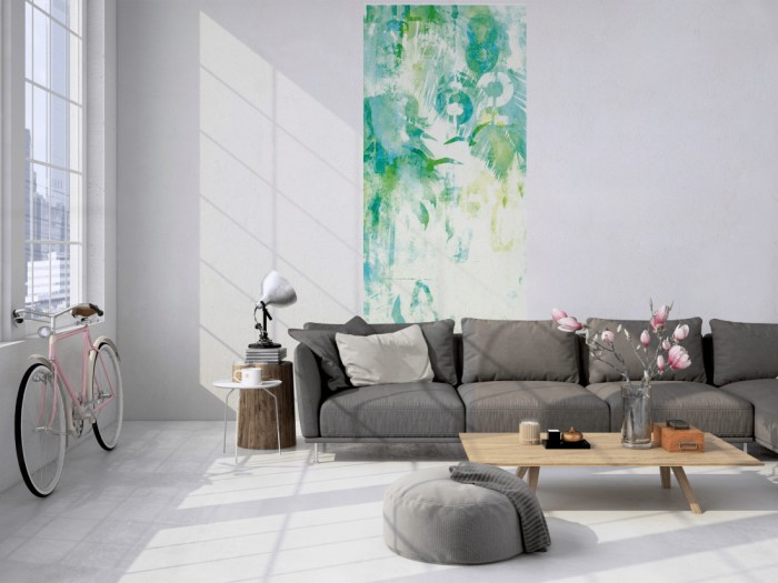 Das Design-Fotopanel Unter den Palmen Grün tapeziert in einem Loft. Bestelle die Bildtapete für Deine Wand online.