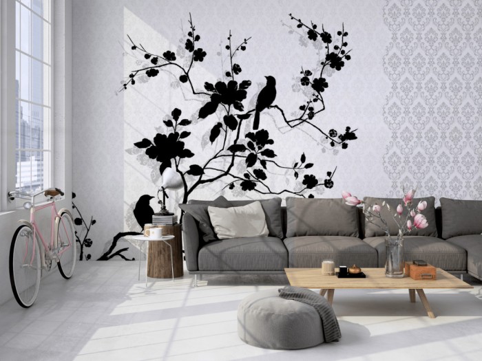 Die Design-Fototapete Vögel in Schwarz, Artwork auf einer großen Wand im Loft tapeziert. Die Design-Fototapete Vögel in Schwarz, Artwork wird individuell auf Deine Wand angepasst.