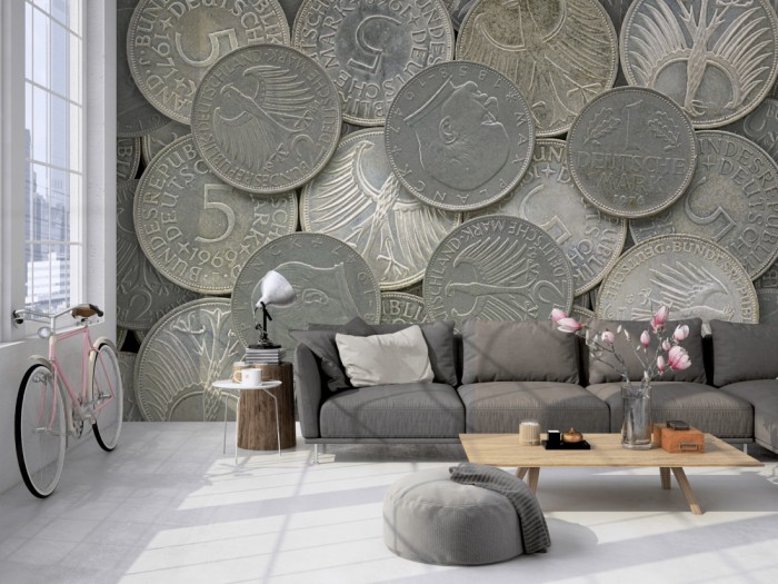 Die Fototapete Münzen, Deutsche Mark auf einer großen Wand im Loft tapeziert. Die Fototapete Münzen, Deutsche Mark wird individuell auf Deine Wand angepasst.
