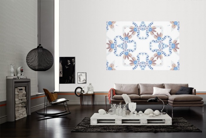 Die Designer-Fototapete Kaleidoskop Federn, Artwork by Mylumi als Wandbild im Wohnzimmer. Die Vlies-Designer-Fototapete Kaleidoskop Federn, Artwork by Mylumi verschönert als Wandbild Deine Wand.